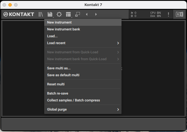 kontakt splash screen with menu open creating new instrument