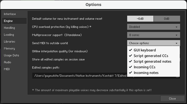 kontakt panel with script generated notes selected