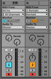 two ableton live tracks set to record monitoring midi